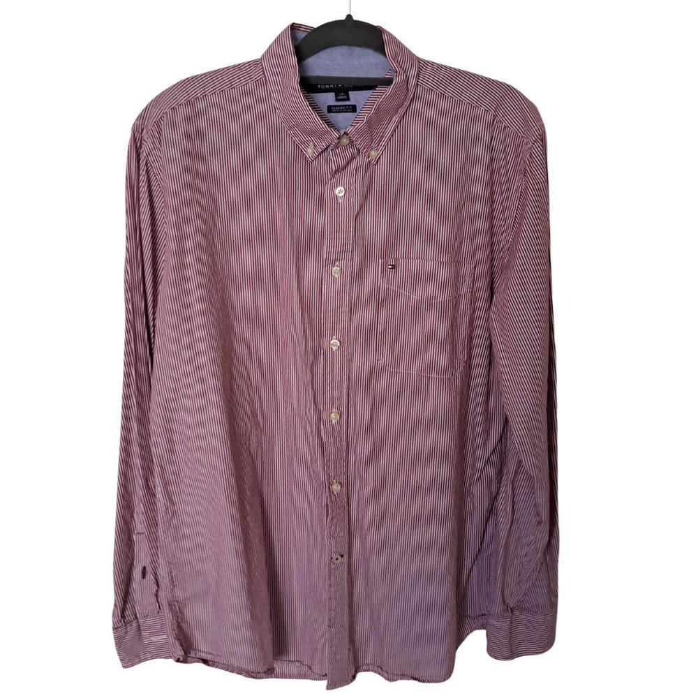Tommy Hilfiger Shirt Mens Large Red White Striped Casual Button Up Long Sleeve *